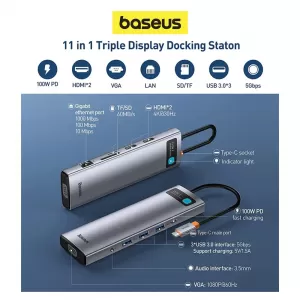 Adaptador BASEUS USB-C HUB 11en1 HDMI VGA 4K RJ45 USB 3.0 Lector SD/TF MacBook Pro
