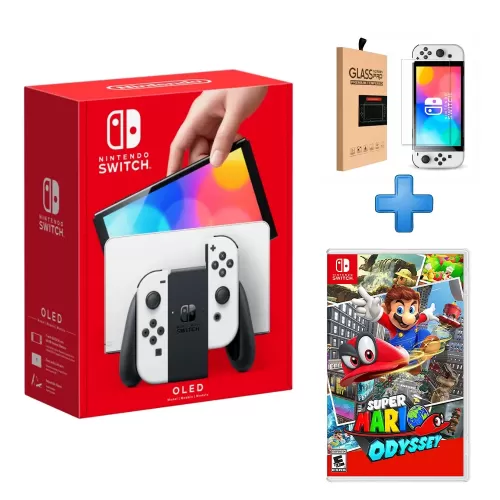 PACK CONSOLANINTENDO SWITCH OLED BLANCO + VIDEOJUEGO SUPER MARIO ODYSSEY + MICA GLASS PARA SWITCH 