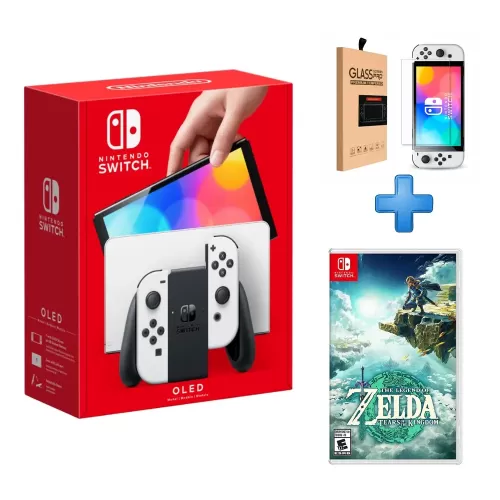 PACK CONSOLA NINTENDO SWITCH OLED BLANCO  + VIDEOJUEGO ZELDA TEARS OF THE KINGDOM SWITCH + MICA GLASS PARA SWITCH 