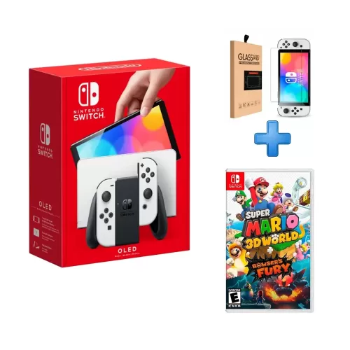 PACK CONSOLA NINTENDO SWITCH OLED BLANCO  + VIDEOJUEGO MARIO 3D WORLD + BOWSER FURY + MICA GLASS PARA SWITCH 